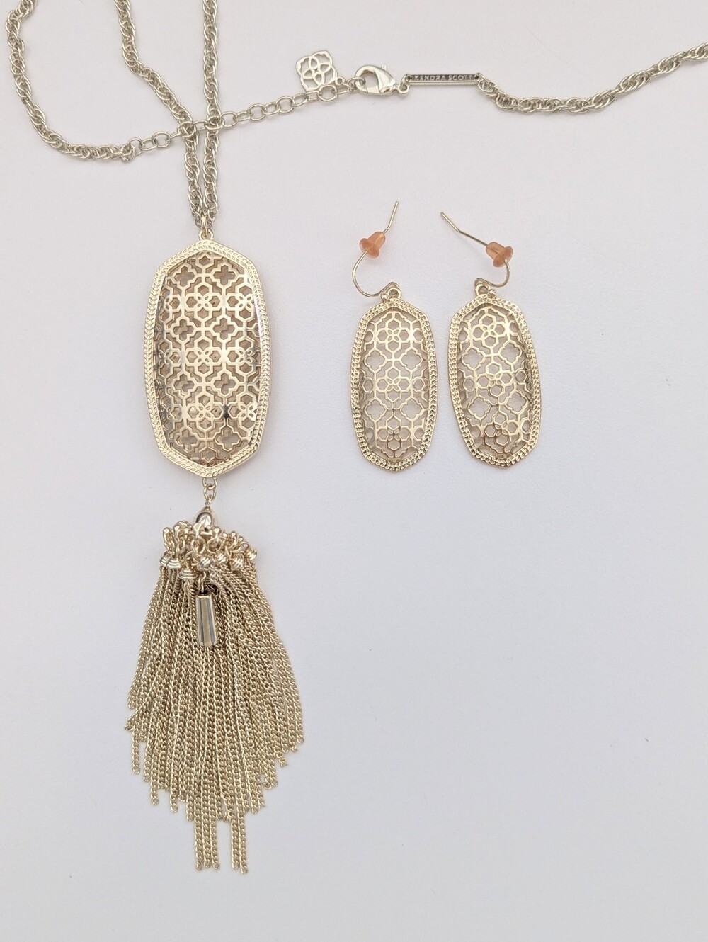 Kendra Scott Gold Filigree Tassel Pendant Necklace w/ Matching Pierced Earrings
